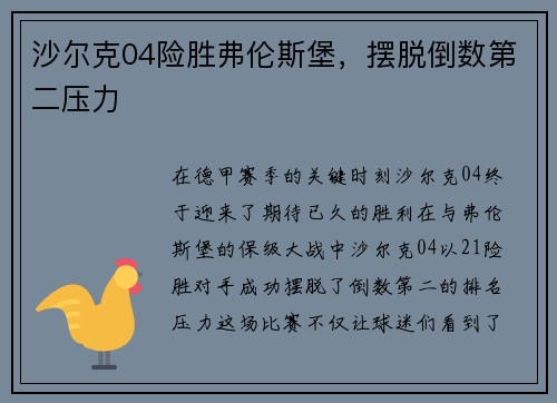 沙尔克04险胜弗伦斯堡，摆脱倒数第二压力