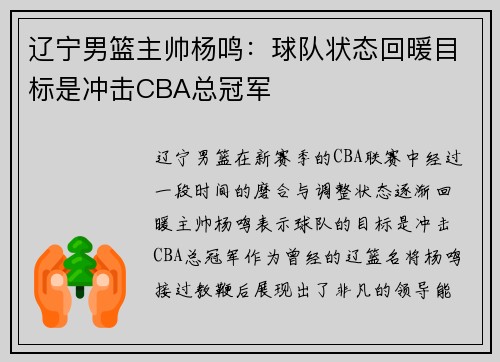 辽宁男篮主帅杨鸣：球队状态回暖目标是冲击CBA总冠军
